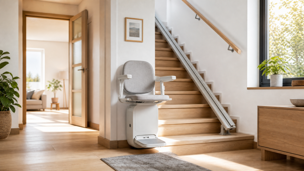 Moderner Sitz-Treppenlift an gerader Treppe im hellen Wohnhaus