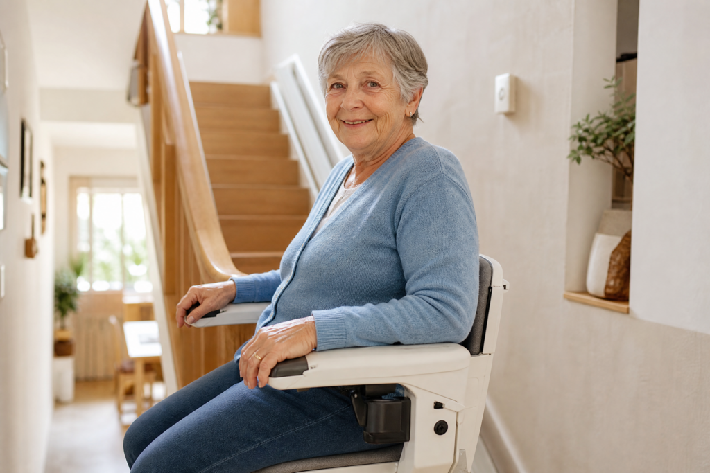 Lächelnde Seniorin sitzt entspannt auf einem Treppenlift in ihrem Zuhause