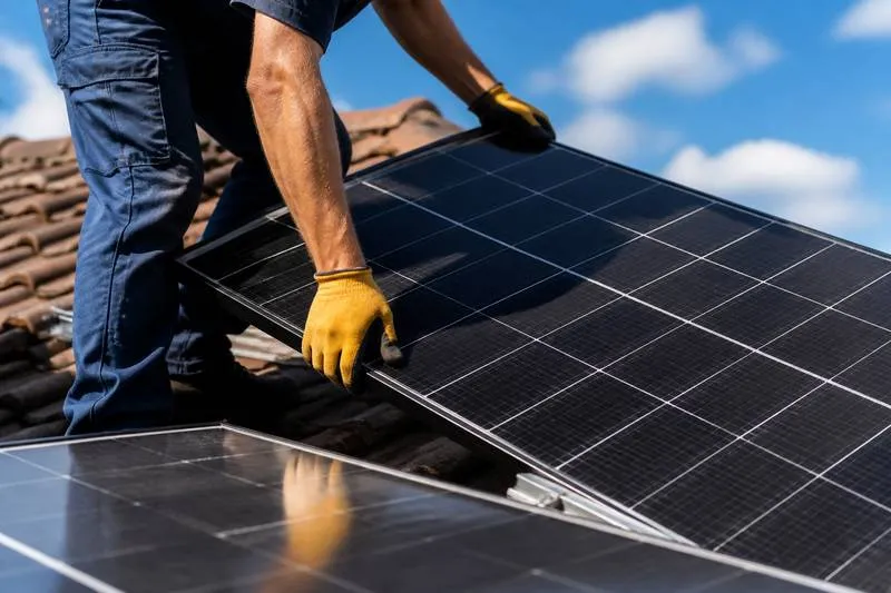 Handwerker installiert Solarpanel auf Dach