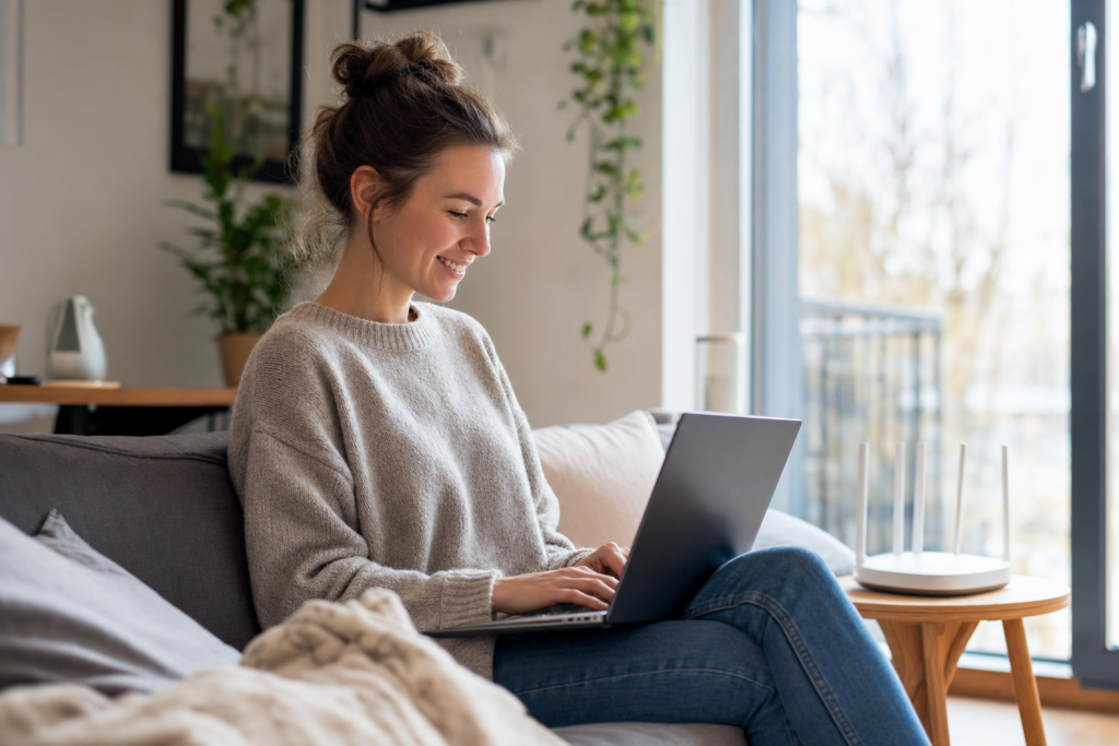 Frau sitzt mit Laptop auf dem Sofa neben einem WLAN-Router – DSL- und Internetanbieter wechseln 2026