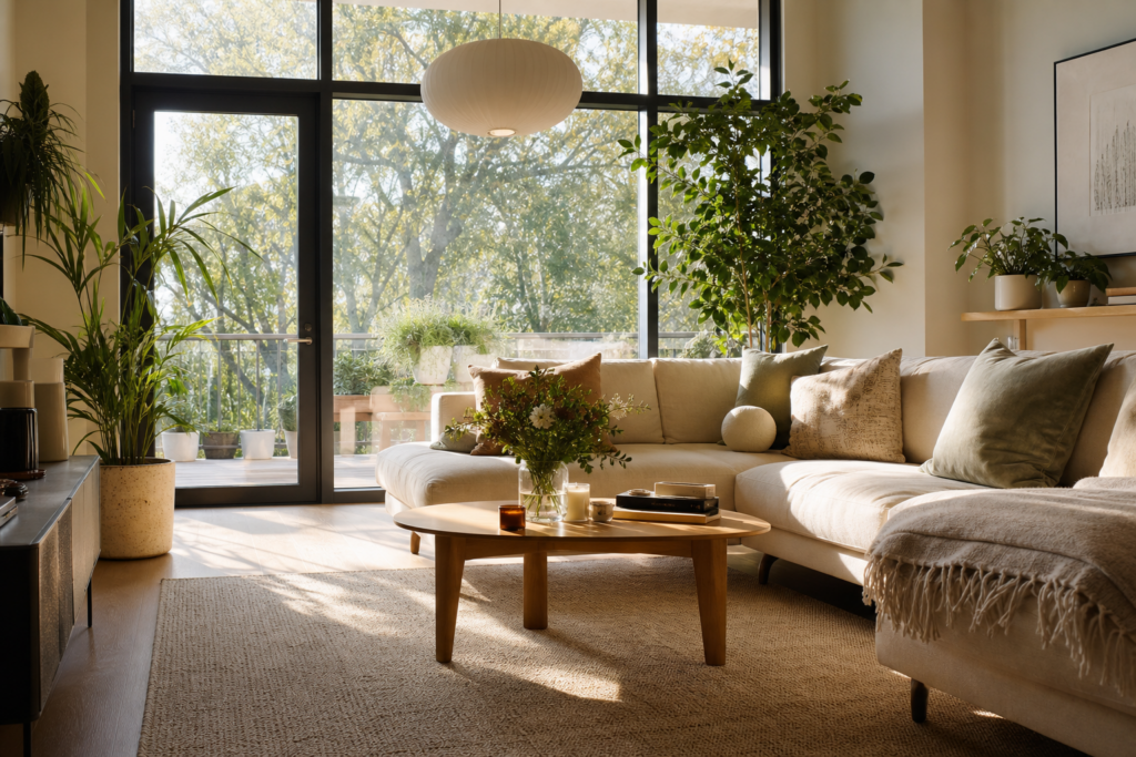 Helles Wohnzimmer mit großen modernen Fenstern