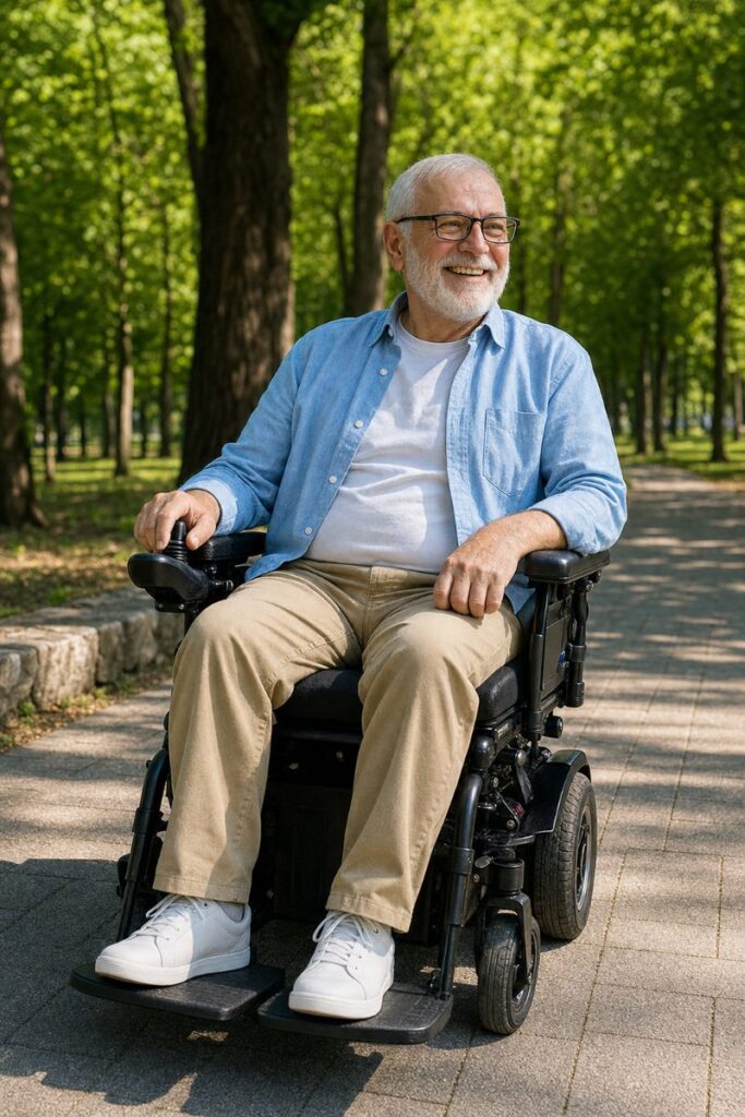 Senior fährt mit einem Elektrorollstuhl auf einem Weg im Park