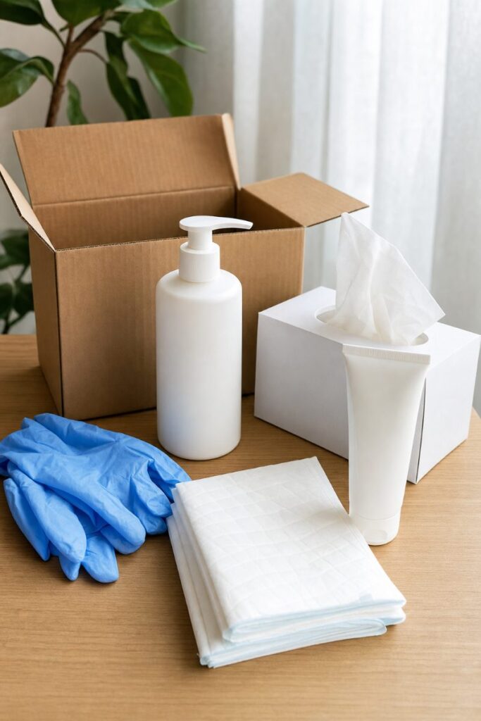Pflegehilfsmittel wie Handschuhe, Desinfektionsmittel und Bettschutzeinlagen neben einem Karton