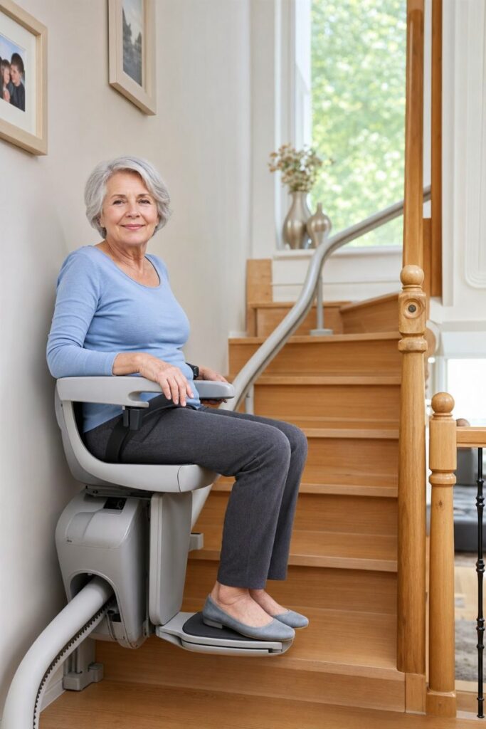 Seniorin sitzt auf einem Treppenlift an einer Innentreppe im Wohnhaus